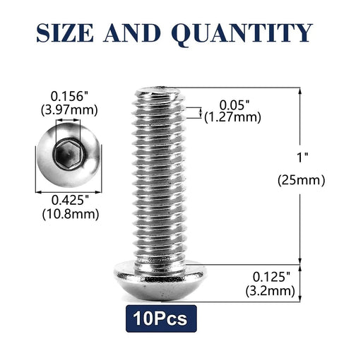 Heavy Duty 1/4 20 X 1 Inch Button Head Socket Cap Bolts 304 Stainless 18 8 Grade Allen Hex Drive detailed size dimensions.
