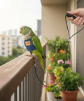 Parrot on balcony with Adjustable Bird Flight Suit Harness Escape Proof Design, denim material, secure fit, anti-bite strap.