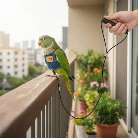 Parrot on balcony with Adjustable Bird Flight Suit Harness Escape Proof Design, denim material, secure fit, anti-bite strap.