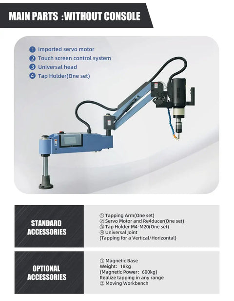 1200W Electric Tapping Machine For M4 To M24 Holes auto oiling unit with servo motor, tap holder, and universal head.