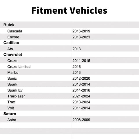 Fitment vehicles chart listing models compatible with Straight Up Temperature Sender Sensor For Engine Coolant Temps On Chevy Malibu Sonic Cruze Trax Spark Trailblazer.