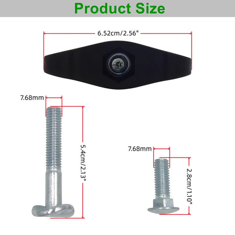 Universal Lawn Mower Handle Knob Bolt Kit with size, showing 2.56" T handle and bolts sized 2.13" long and 1.10" short.