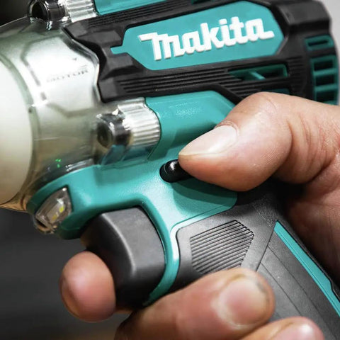 Close-up of hand adjusting speed on 18V LXT Brushless Cordless Three Eighths Inch Drive Impact Wrench With Friction Ring Anvil