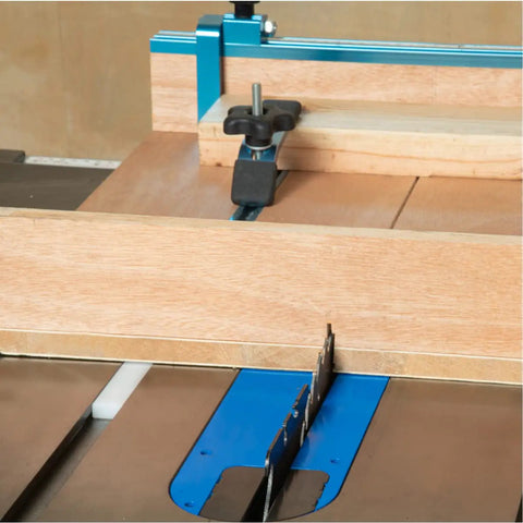 Heavy Duty 36 Inch Hdpe Miter Bars 2 Pack fits standard 3 4 by 3 8 inch slots on a table saw with wood piece.