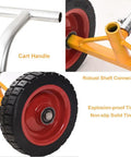 Rock Solid Heavy Duty Pipe Cart With Solid Tires Steel Bar Cradle Supports 800 Lb For Gritty Construction And Warehouse Moves holding 300 Mm pipes close-up of handle and robust tire connection.