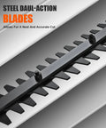 Close-up of a steel dual-action blade of the 16 Inch Hedge Trimmer Attachment With 180 Degree Adjustable Head And Heavy Duty Dual Action Blade For Gas Powered String Trimmers, A Real Workhorse For Dense Hedges, Smooth Fast Cuts, And Pro Level Finishes