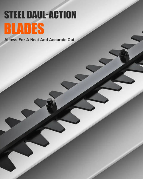 Close-up of a steel dual-action blade of the 16 Inch Hedge Trimmer Attachment With 180 Degree Adjustable Head And Heavy Duty Dual Action Blade For Gas Powered String Trimmers, A Real Workhorse For Dense Hedges, Smooth Fast Cuts, And Pro Level Finishes