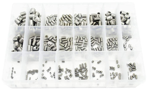 480 Piece SAE Internal Hex Drive Cup Point Screws Assortment Kit With 24 Sizes In 304 Stainless Steel Hex Allen Head Socket Set Grub Screws Bolts For Auto Shop Marine And DIY Projects.