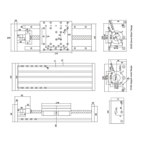 Beefy Sliding Stage Travel Z Axis Motion Table With SFU1605 Ball Screw And HGR20 Linear Guides Nema24 Nema32 Compatible 200 mm Stroke 100 To 350 mm Adjustable Travel For CNC Milling Precision Positioning And Robotics dimension drawing with mounting holes