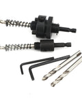 Front view of JIECHENG 6-piece hole saw arbor set with 1/4-in hex quick-change arbors, hex wrenches and drill bits