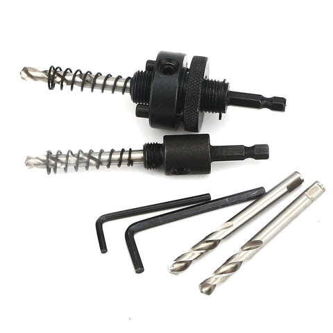 Front view of JIECHENG 6-piece hole saw arbor set with 1/4-in hex quick-change arbors, hex wrenches and drill bits