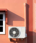 3 Inch Wide 16.1 Ft Line Set Cover Kit For Mini Split Air Conditioners installed on outdoor wall, beige PVC cover visible