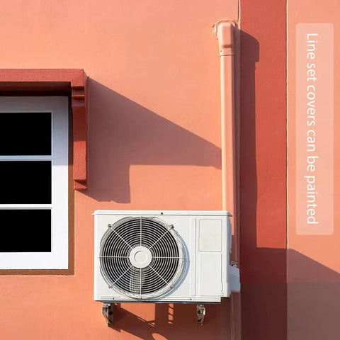 3 Inch Wide 16.1 Ft Line Set Cover Kit For Mini Split Air Conditioners installed on outdoor wall, beige PVC cover visible