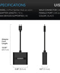 Diagram showing UIS Four Port Splitter Hub for Shared Smart Programming specifications and dimensions