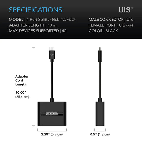 Diagram showing UIS Four Port Splitter Hub for Shared Smart Programming specifications and dimensions