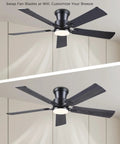 Black Flush Mount Ceiling Fan With Lights, Low Profile Design, double-sided blades, DC Reversible Motor, shown installed indoors