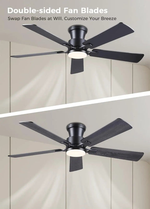Black Flush Mount Ceiling Fan With Lights, Low Profile Design, double-sided blades, DC Reversible Motor, shown installed indoors