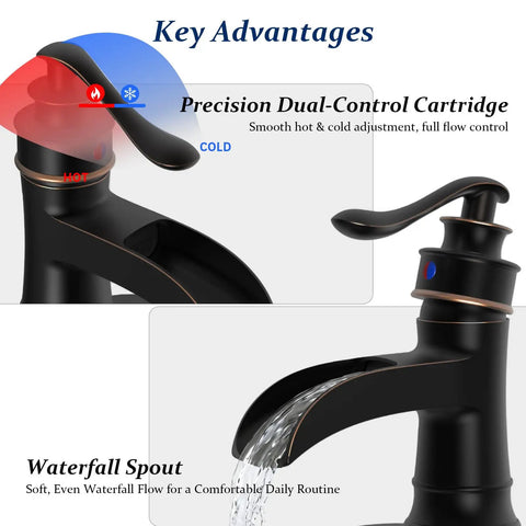 Oil Rubbed Bronze Bathroom Sink Faucet 1 Hole Single Handle Waterfall Faucet No Fuss With Pop Up Drain And Hoses Lead Free Vanity Faucet For Home Or Commercial Use Solid Brass Construction with dual-control cartridge and waterfall spout