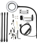 Disassembled 3X LED Magnifying Table Clamp Helping Hand with flexible arms, clips, and soldering station components