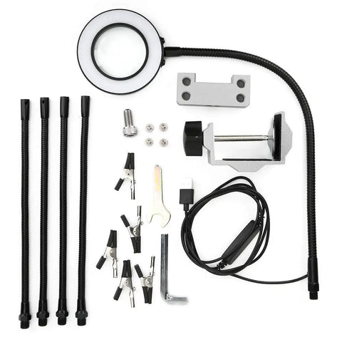Disassembled 3X LED Magnifying Table Clamp Helping Hand with flexible arms, clips, and soldering station components