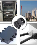 Collage featuring PG11 Waterproof Nylon Cable Gland with Adjustable Locknut, industrial settings, junction boxes, and cable installation.