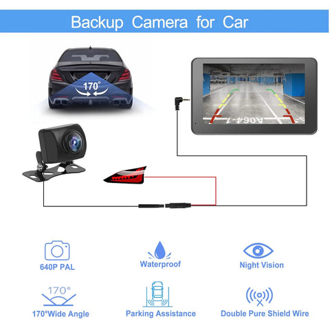 Backup camera for car featuring 640P PAL, waterproof, night vision, 170° wide angle, shown with screen display and wiring diagram.