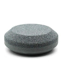 Dual Grit Axe Sharpener And Hatchet Stone With 120 Grit On One Side And 280 Grit On The Other, gray puck-shaped sharpening tool