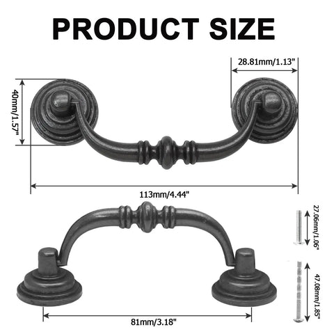 Product size details of Straight Up Vintage Black Bail Cabinet Pulls Super Durable Zinc Alloy Drawer Handles for Kitchen Cupboards.