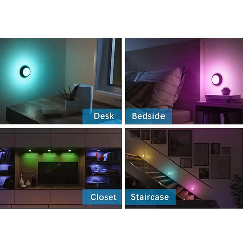 Color Changing LED Puck Lights With Remote Dimmable Under Cabinet Lights 4 Pack in various home settings.