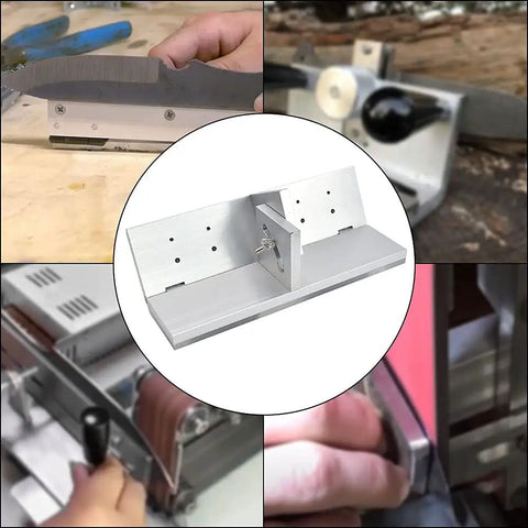 Beast Knife Sharpening Jig for Belt Grinder and Belt Sander, Adjustable 90 to 135 Degrees, shown in use with various tools