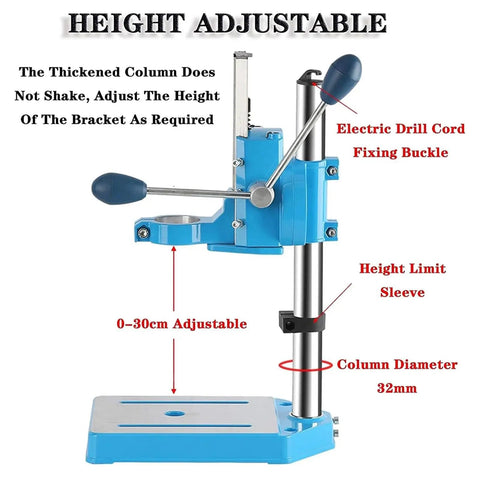 Heavy-Duty Drill Press Stand With 90 Degree Rotatable Base And 80mm Stroke For Precision Woodworking, features height adjustment and 32mm column.