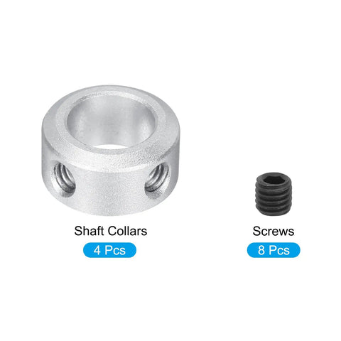 Beefy Aluminum Shaft Collar Set 10mm And Three Eighths Inch Bore Set Screw Clamping Collars Silver pack of 4 with 8 black screws