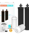Gravity Water Filter Replacement Kit 4 pack with two black carbon filters, two white fluoride filters, and packaging.