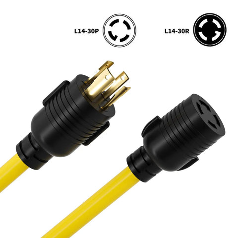 L14-30 Generator Extension Cord 25Ft From L14-30P To L14-30R SJTW 10 Gauge 4 Prong Beefy Heavy Duty Twist Lock Power Cable close-up
