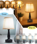 Lit Two Pack Battery Powered LED Night Lights Portable Dimmable Warm White Eye Protection Lamps With Remote Set Of 2 Easy Bedside Lighting For Bedroom Study Kids Room showing multiple dimming levels in a warm and cool setting.