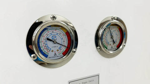 Pro Grade 6HP Walk In Refrigerator Cooling Kit gauges showing pressure and temperature monitoring for commercial cold storage.