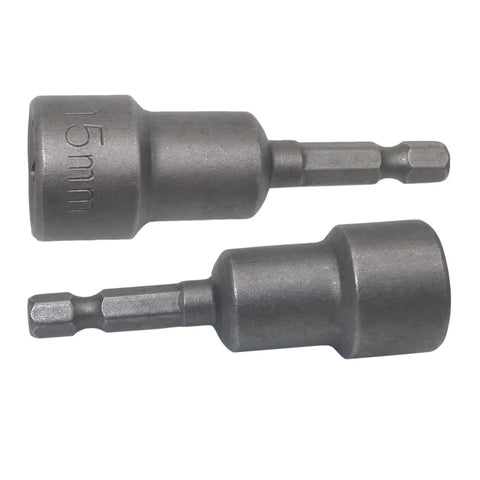 15mm Hex Shank Magnetic Nut Driver Set For Drills Heavy Duty Socket Bits two pieces on white background
