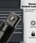 Close-up of Electric Wrench Sleeve Universal Extension Rod with socket locking system and steel ball for secure attachment.