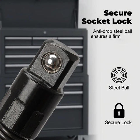 Close-up of Electric Wrench Sleeve Universal Extension Rod with socket locking system and steel ball for secure attachment.
