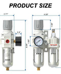 Dimensions of Three Eighths Inch NPT Air Filter Regulator Lubricator Combo With Water Separator And Semi Auto Drain 0 To 145 PSI Gauge.