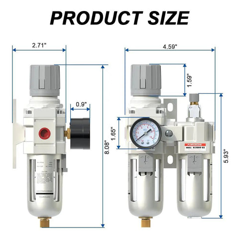 Dimensions of Three Eighths Inch NPT Air Filter Regulator Lubricator Combo With Water Separator And Semi Auto Drain 0 To 145 PSI Gauge.