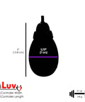 Controller dimensions for LeLuv device showing 5 inches length and 2.75 inches width with weight 145g, marked on image.