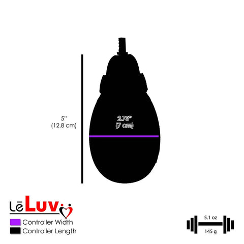 Controller dimensions for LeLuv device showing 5 inches length and 2.75 inches width with weight 145g, marked on image.