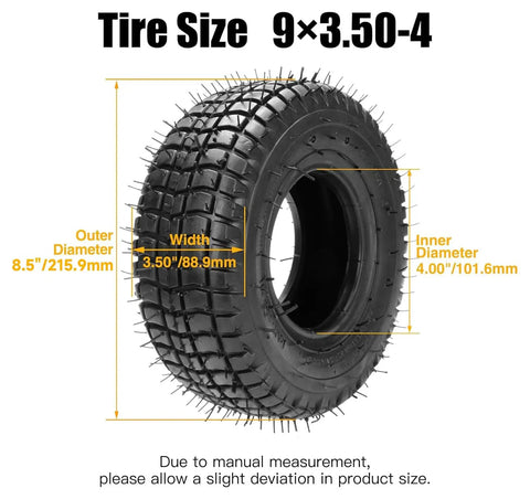 9x3.50-4 Tire And Inner Tube For Mini ATV Quad Go Kart showing dimensions and tread pattern