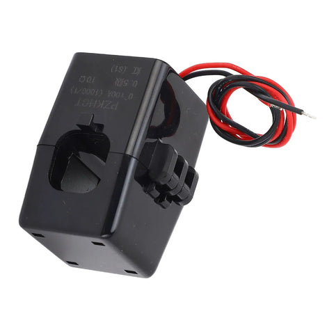 Pro Grade 100 Amp Split Core Current Transformer With Five Meter Cable Precision Calibrated AC signal, side view with wires.