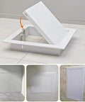 Heavy Duty Fire Rated Drywall Access Panel For Smooth Swing Plumbing And Maintenance Walls Hella Sturdy Galvanized Steel Frame Quick Click Latch White Concealed Hatch Door Cover 30 By 30 Inch shown open over plumbing access.