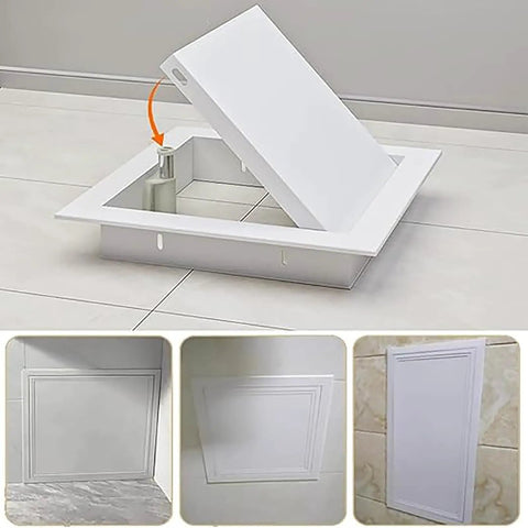 Heavy Duty Fire Rated Drywall Access Panel For Smooth Swing Plumbing And Maintenance Walls Hella Sturdy Galvanized Steel Frame Quick Click Latch White Concealed Hatch Door Cover 30 By 30 Inch shown open over plumbing access.