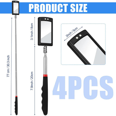 Telescoping LED Lighted Inspection Mirror Set, Flexible Handle 4 Pack showing sizes and black handle, for Tight Spaces