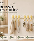 Six Hook Wall Rack Swivels 180 Degrees For Home Use No Hangups Peel Mount Shields Drywall While Securing Towels Keys Firmly Folds Flat To Fit Tight Corners And Save Space Bright Yellow Trim Adds A Cheerful Pop To Your Organization Setup with towels and keys displayed.