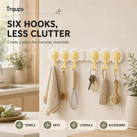 Six Hook Wall Rack Swivels 180 Degrees For Home Use No Hangups Peel Mount Shields Drywall While Securing Towels Keys Firmly Folds Flat To Fit Tight Corners And Save Space Bright Yellow Trim Adds A Cheerful Pop To Your Organization Setup with towels and keys displayed.